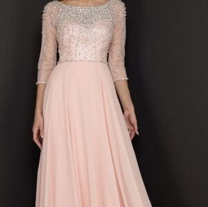 Terani Couture Pink Blush Jeweled Sheer 3/4 Sleeve Gown Maxi Swarovski Sz 16